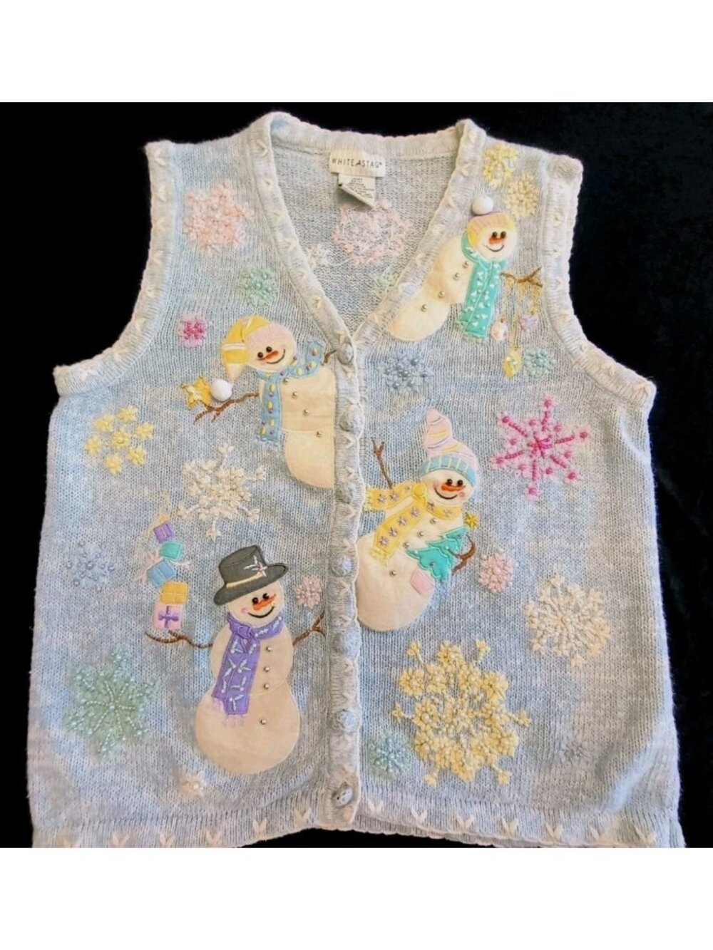 Vintage White Stag Christmas Vest M 8/10 3D Knit Snowman Winter Holiday Festive